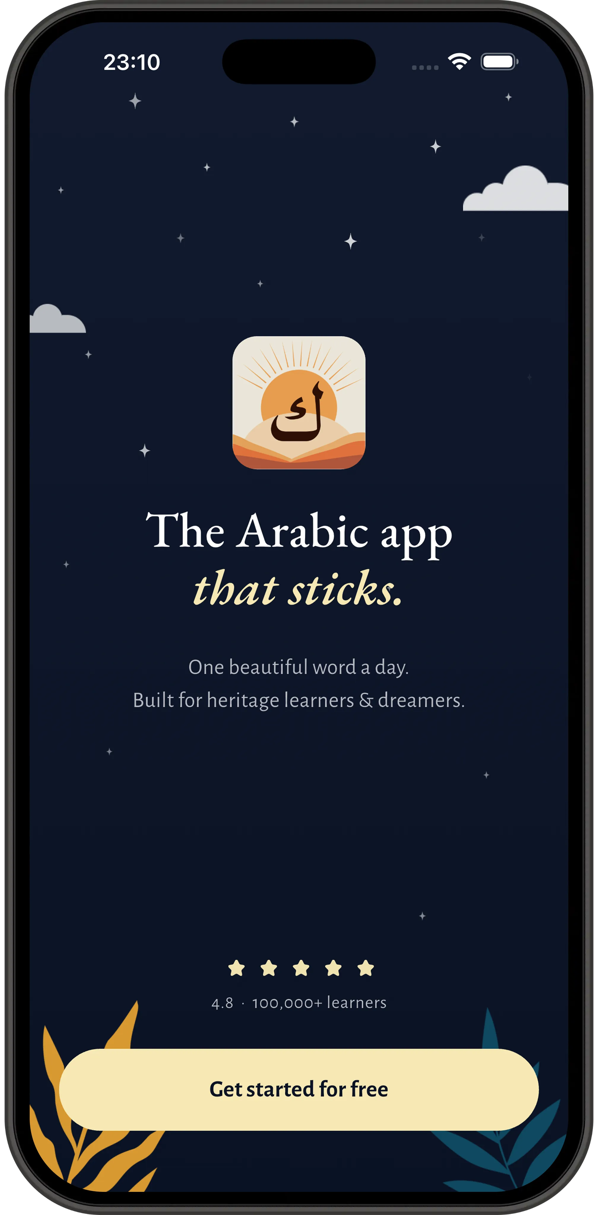 Kalam Daily on iPhone — a night-sky welcome screen reading 'The Arabic app that sticks', with a 4.8 rating and 100,000+ learners